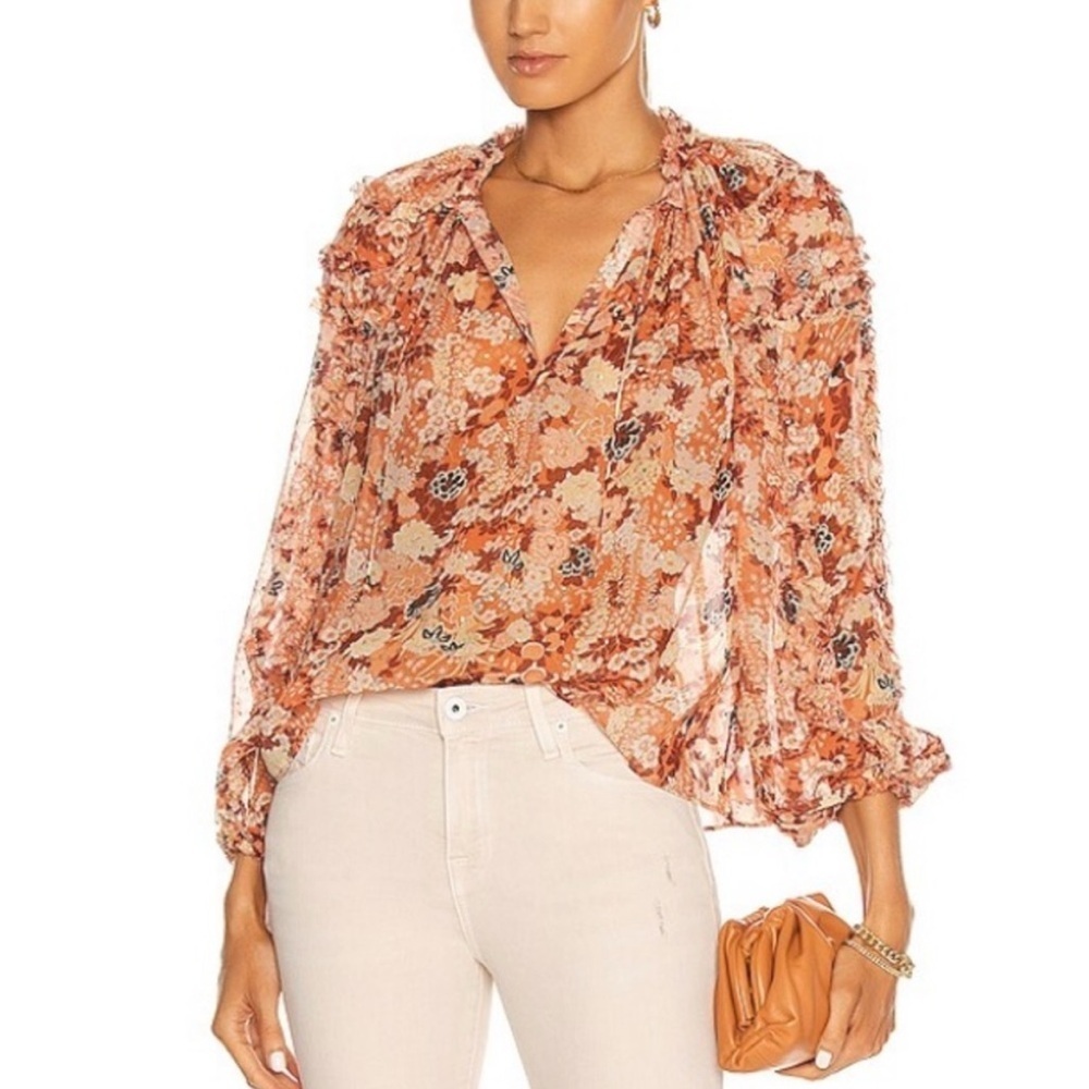 Ulla Johnson Adela Floral Silk Semi Sheer Balloon‎ Sleeve Tasseled Top Women 10